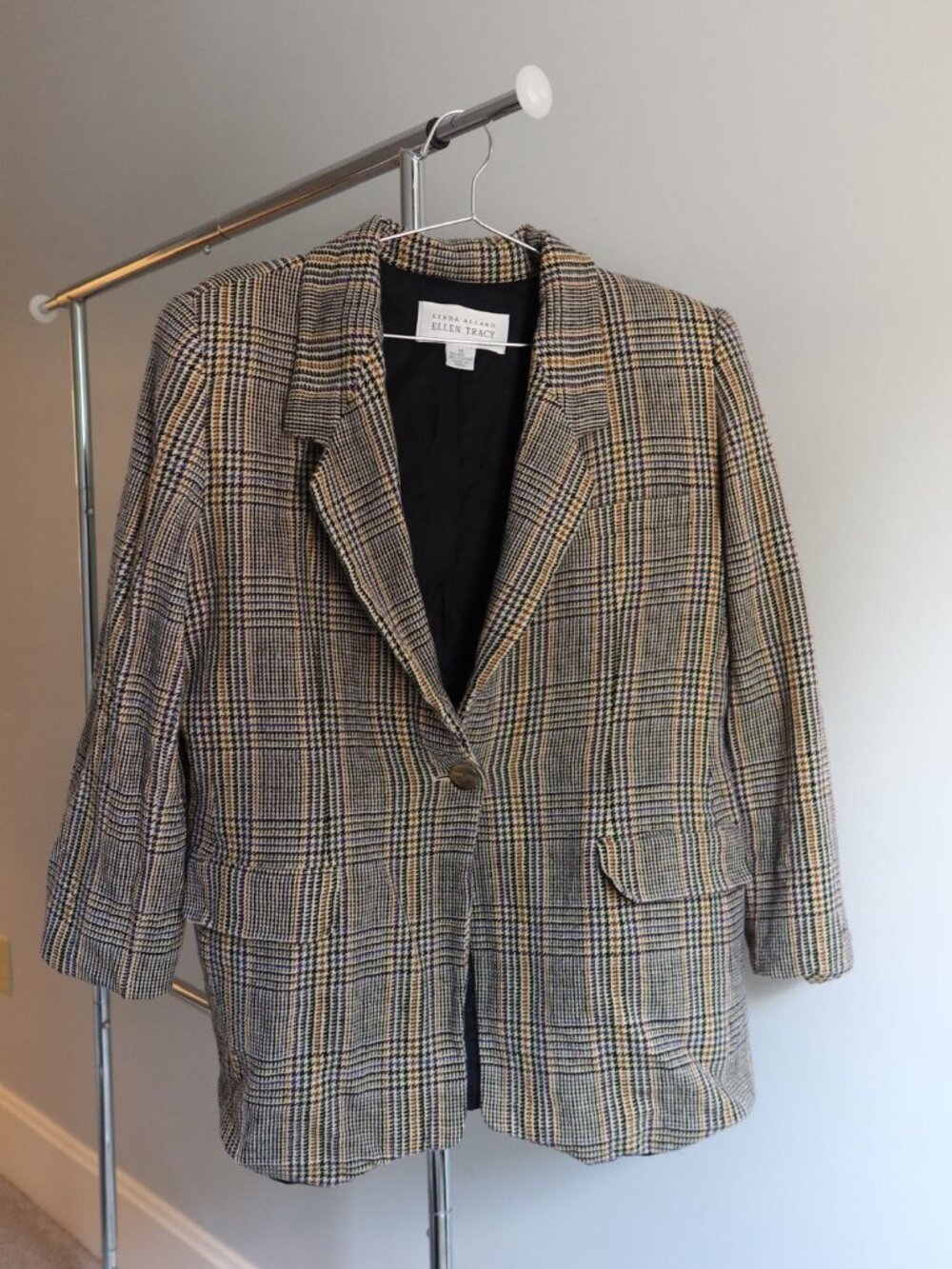 Linda Allard Ellen Tracy Plaid Wool Cashmere Blazer Jacket Womens 14 Houndstooth